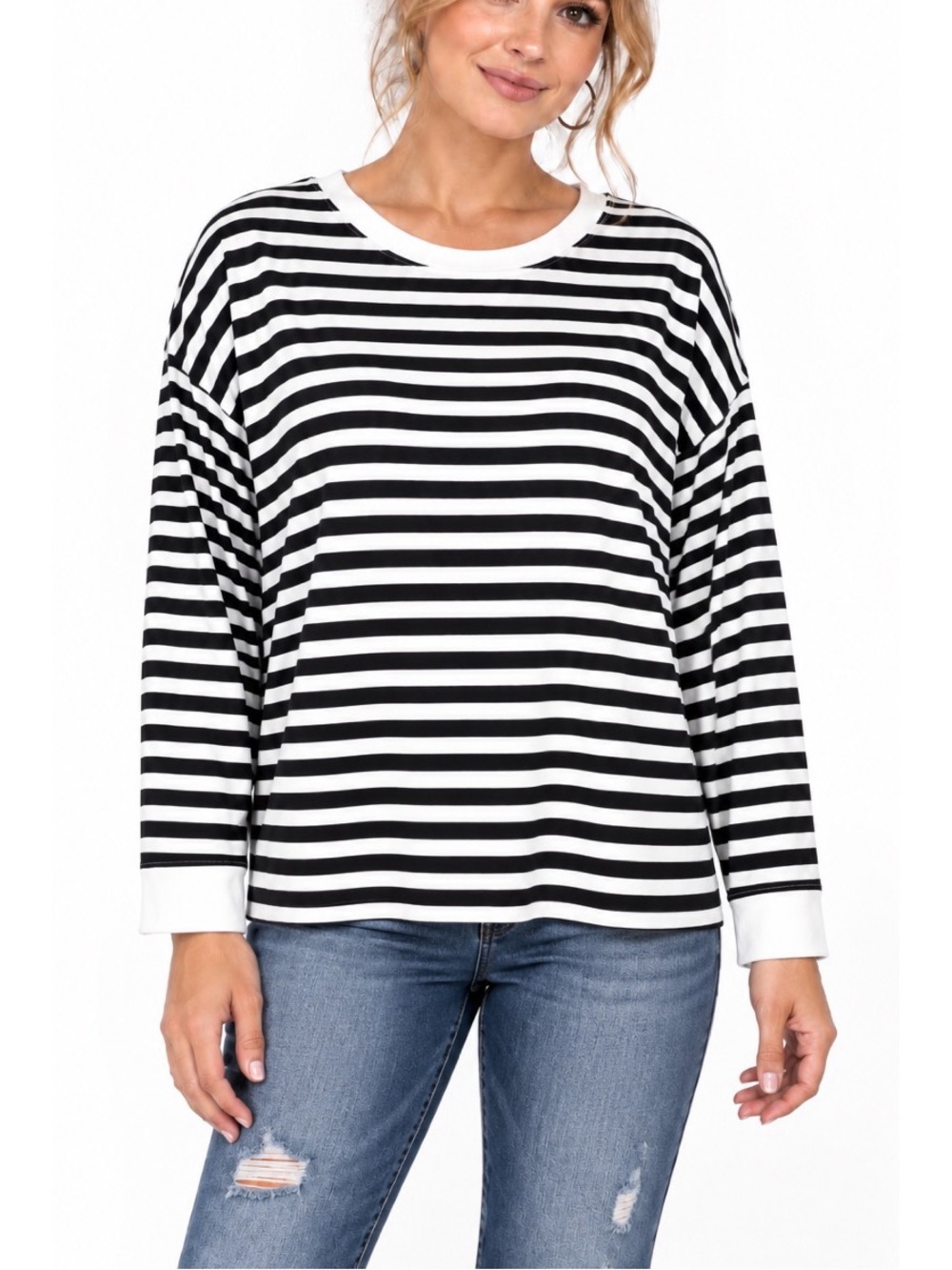 J.Crew Long-sleeve Striped Tee in Black & White, size Large